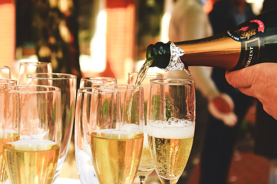 シャンパン, 注がれた, パーティー, スパークリング, フード/ドリンク, ワイン, アルコール, お祝い, ドリンク, パーティー-社交イベント