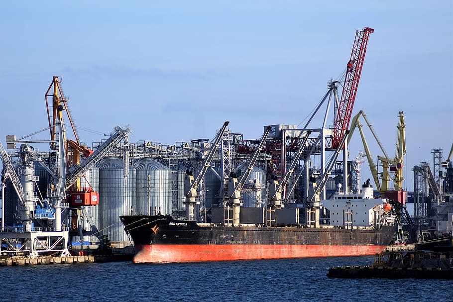 red, black, ship, docked, factory, industry, hard, port, majority, crane