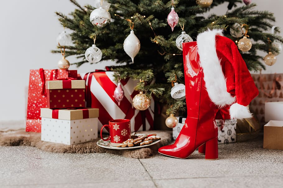 celebração, decoração de natal, presente de natal, árvore de natal, fundo de natal, presentes, vermelho, natal, botas, decoração