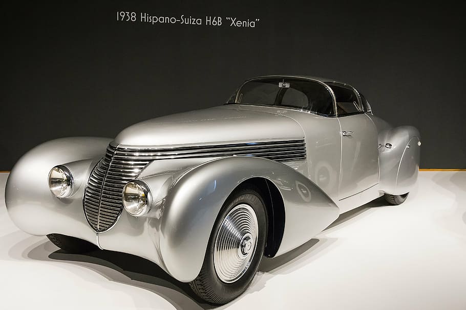 gray, die-cast toy car, car, 1938 hispano-suiza h6b xenia, art deco, automobile, luxury, sport, tire, mode of transportation