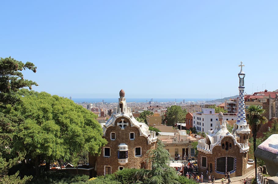 top, view, brown, churches, blue, sky, barcelona, park guell, gaudi, architecture