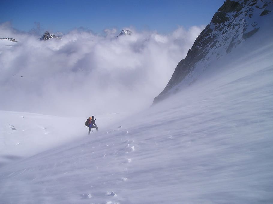 person, climbing, snowy, mountain, high mountains, forward, blizzard, snow, snow flurry, wind