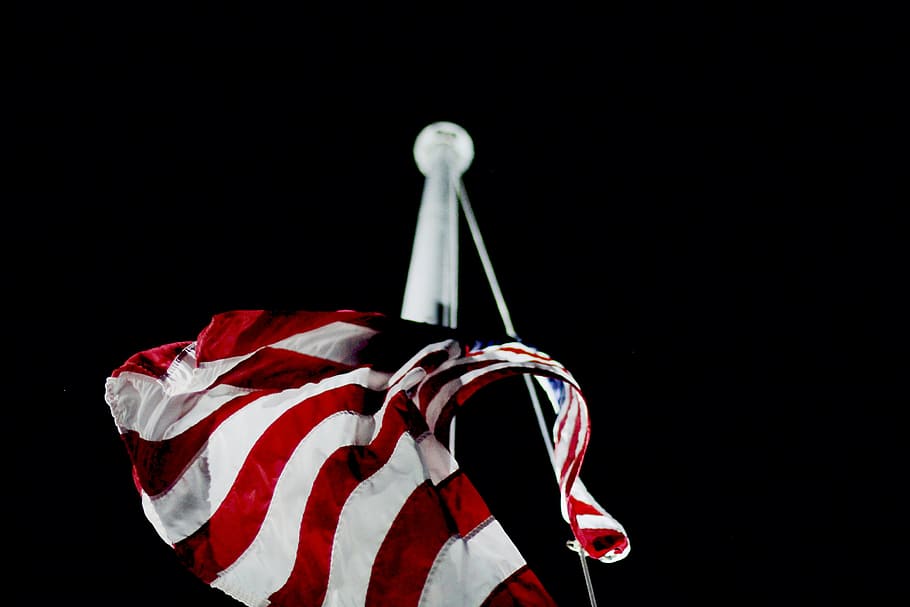 bandeira, américa, cinza, pólo, mastro de bandeira, americana, vermelho, listras, bandeira americana, estados unidos da américa