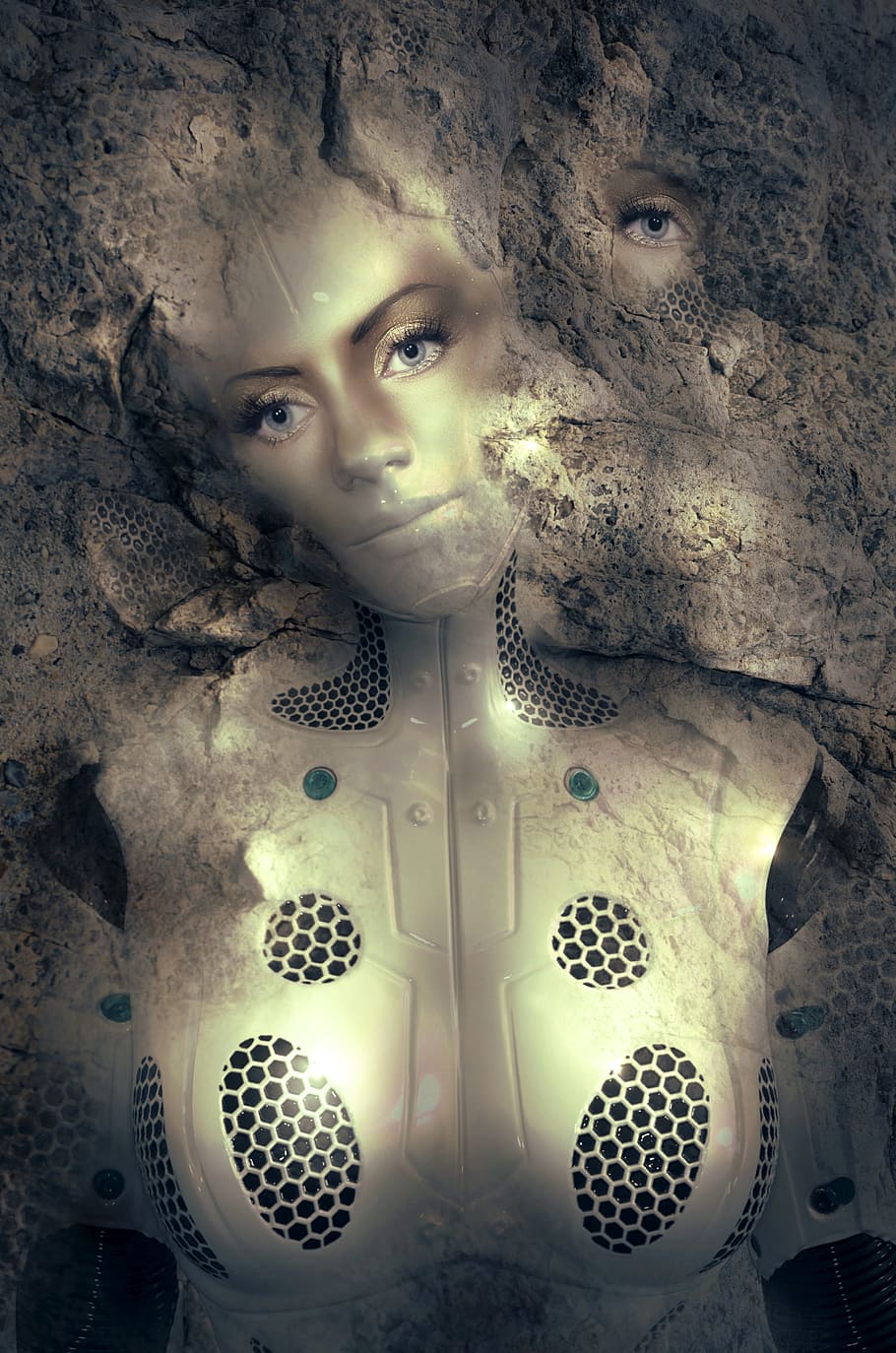 fantasy, android, stone, female, artificial, scifi, composing, photo montage, mystical, surreal