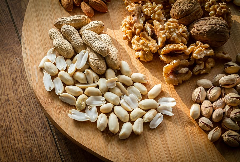 peanut on table, mixed, nuts, selection, brown, shell, food, tasty, wooden, plate