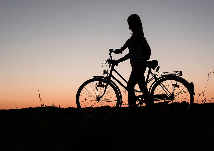 silhouette, woman, holding, bicycle, person, city bicycle, girl, wheel, sunset, romance