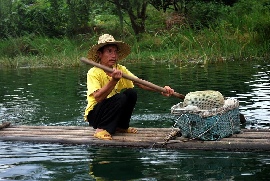 sitting, raft, holding, bamboo, stick, Fisherman, Float, Man, Boater, Navigate