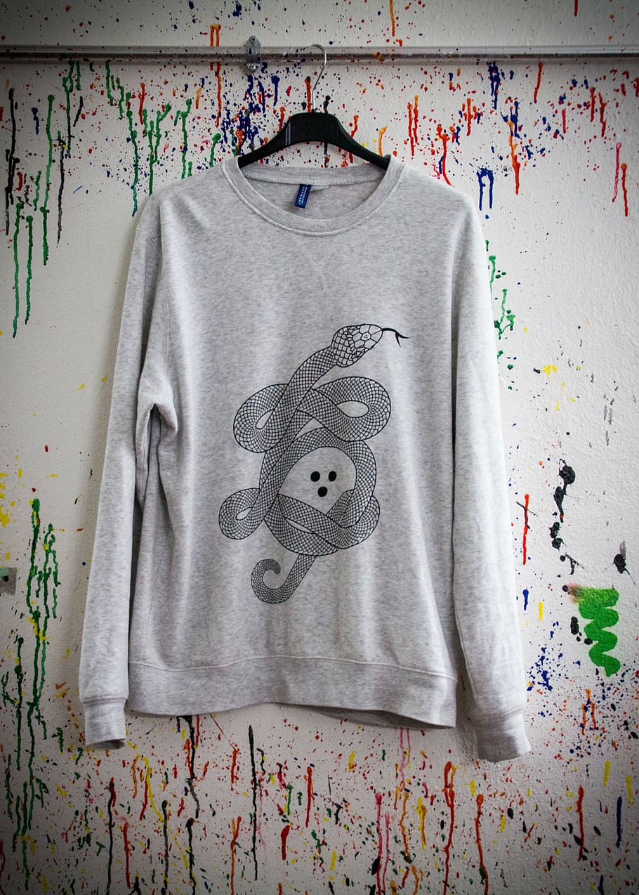 gray, sweatshirt, hanging, wall, sweater, screen printing, art, snake, textildruck, indoors