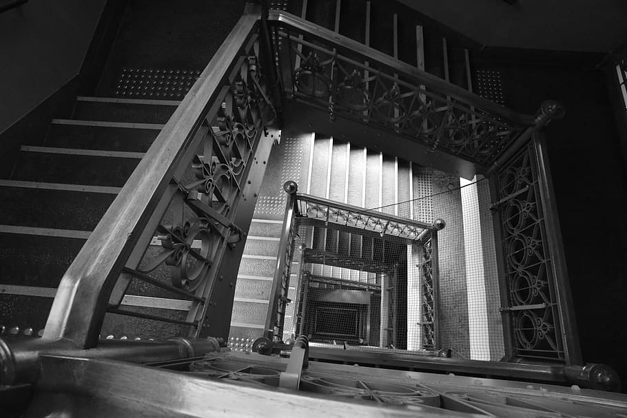 old architecture, old building, old mansion, old staircase, retro space, without people, antique, noir, old, historic