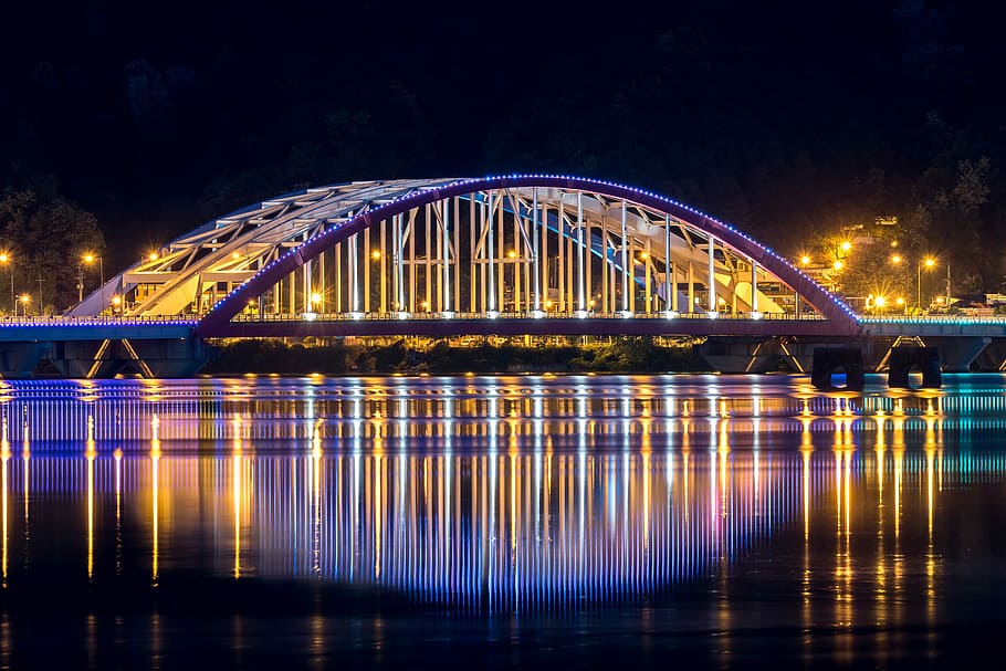 ponte de chuncheon, iluminado, noite, seul, sul, coréia, chuncheon, ponte, à noite, coréia do sul