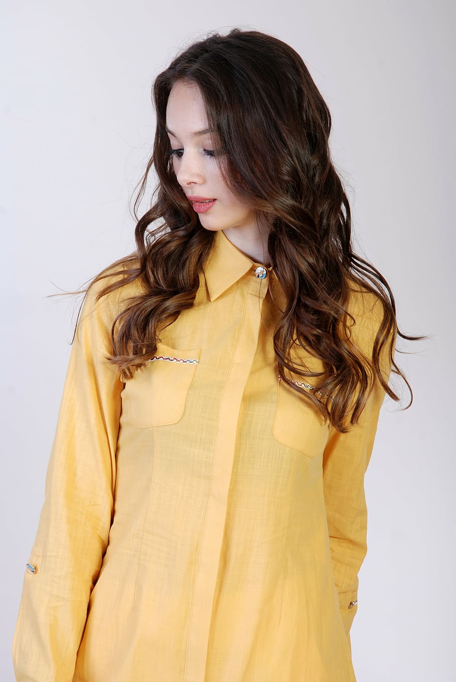 woman, wearing, yellow, button-up sirt, model, young, fashion, beauty, yellow shirt, blouse