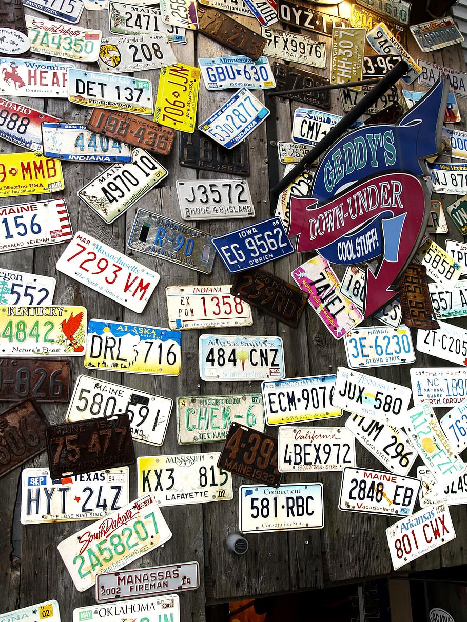 car tags, wall, plates, signs, generalstore, metal, texture, pattern, design, steel