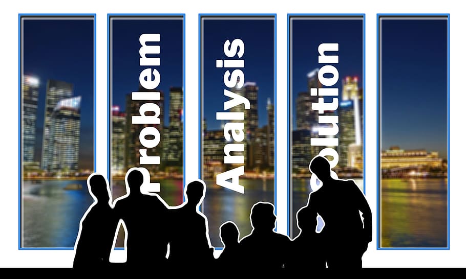 silhouette, people, buildings 5- panel canbvas, 5-panel, meeting, problem, analysis, solution, businessmen, team