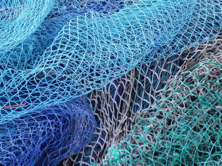 rede de peixe azul, rede, pesca, pescador, porto, mar, traineira, azul, água, cores