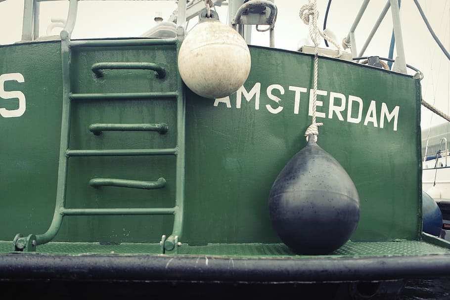 two, white, black, equipments, green, boat, buoys, fishing, amsterdam, ladder