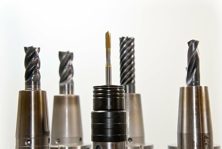 five, grey, metal drill bits, taps, thread, drill, milling, milling machine, drilling, tool