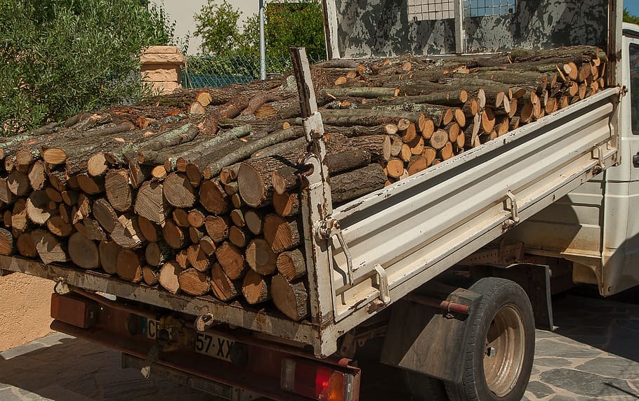 wood, logs, truck, dumpster, fireplace, slaughter, stack, log, timber, lumber industry