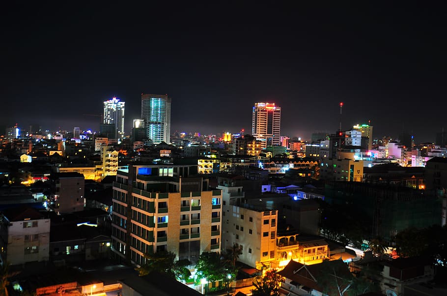 udara, fotografi, gedung tinggi, bangunan, Kamboja, kota, asia, penh, phnom, malam