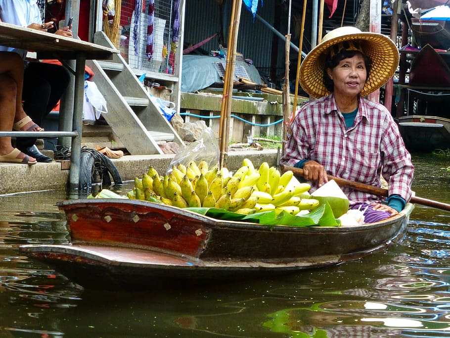 woman, riding, boat, bananas, thailand, plantains, market, floating, vendor, asia