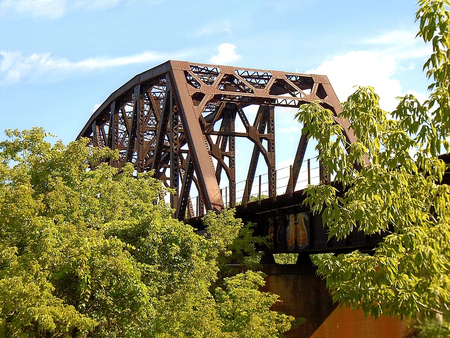 train trestle, railway, bridge, railroad, transportation, industry, landscape, steel, plant, tree