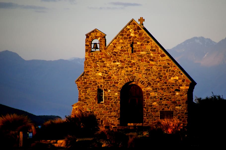 Church, Good, Lake Tekapo, bricked cathedral, architecture, built structure, building exterior, building, mountain, sky