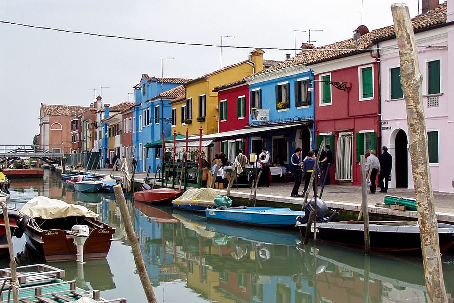 Murano, Venice, Colourful, Houses, Italy, colourful houses, channel, water, boats, buildings