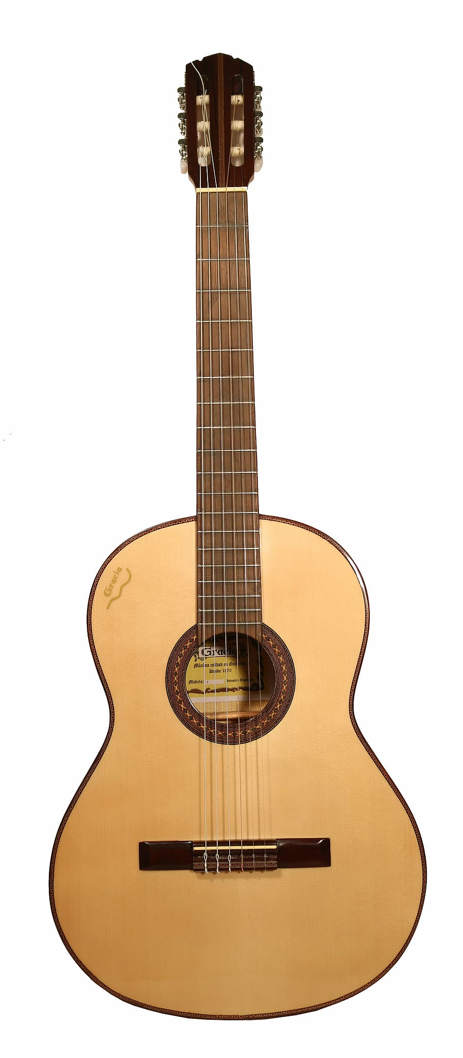 marrón, clásico, guitarra, blanco, fondo, luthier, español, diapasón, caja, madera