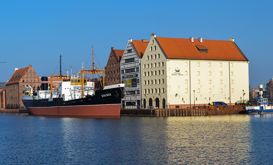 ship, river, poland, blue, water, transport, gdansk, building exterior, architecture, reflection
