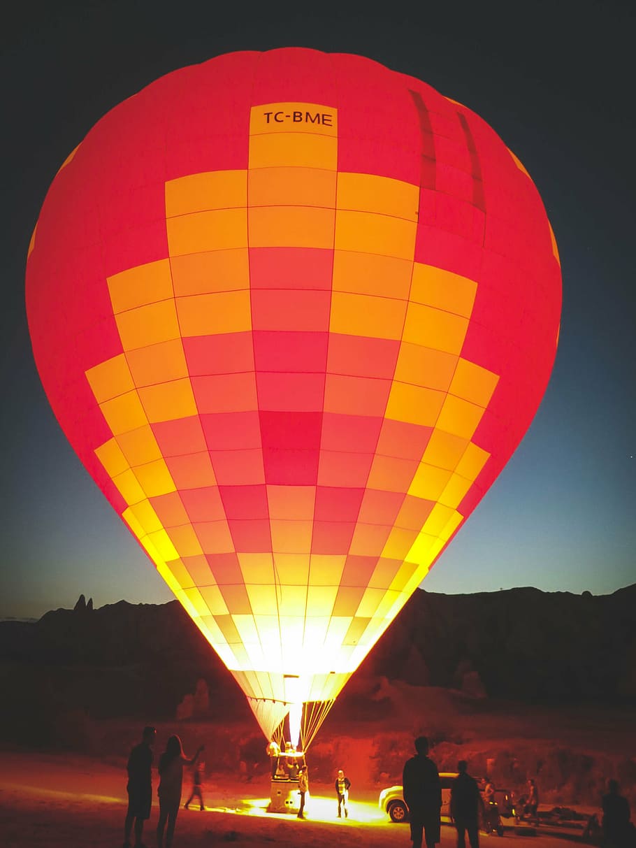 group, people, looking, red, yellow, hot, air balloon, lighting, air, balloon