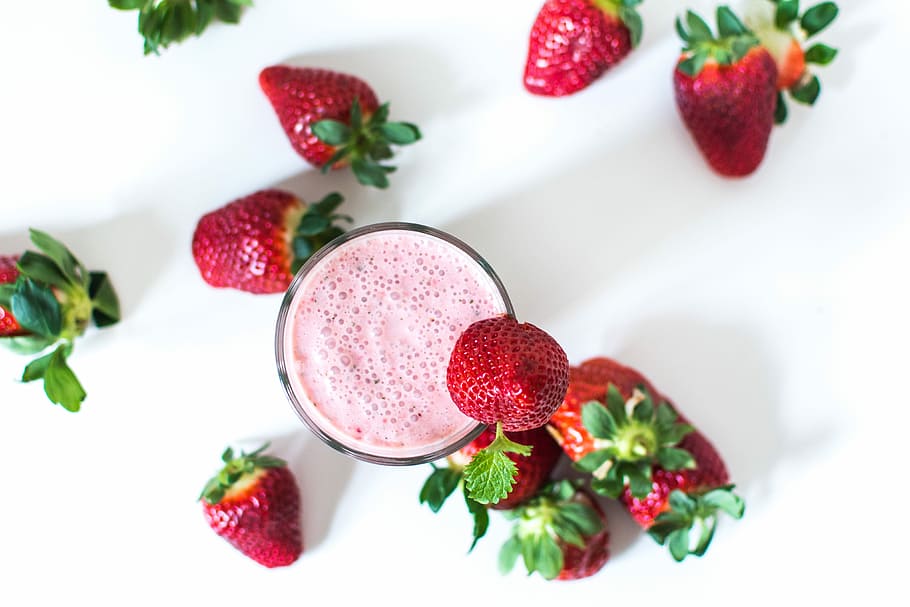 strawberry mint milkshake, Strawberry, mint, milkshake, colorful, drink, homemade, strawberries, top view, white background