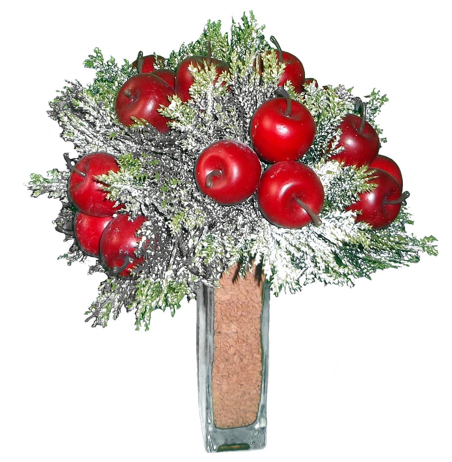 apfeldeco, deco, christmas decorations, weihnachtsdeco, vase, arrangement, red apple, floristisch, red fruits, nature