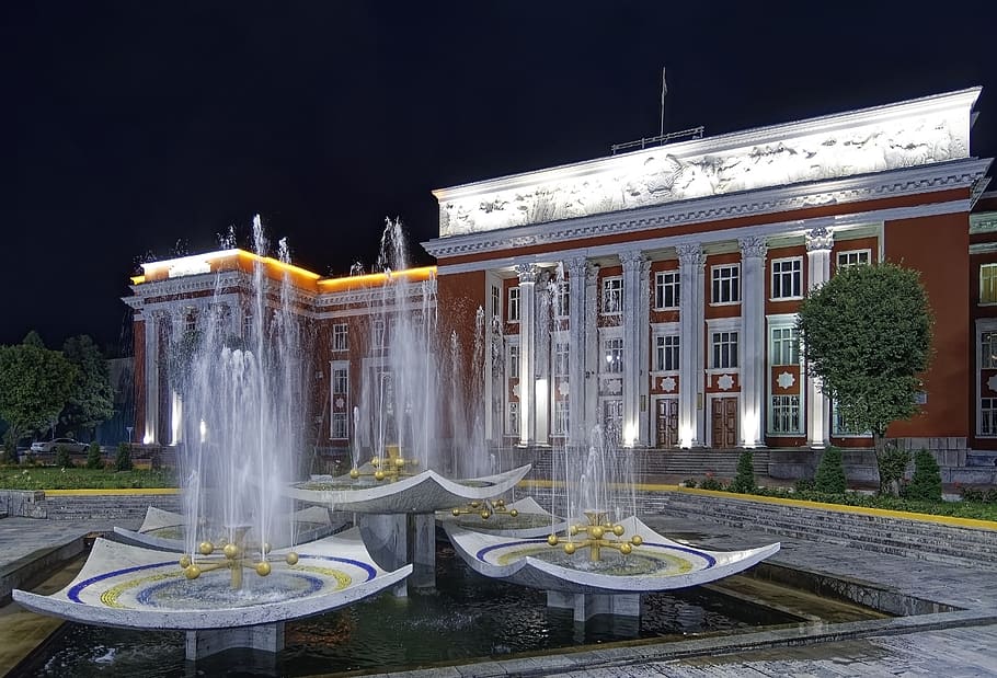 tajikistan, dushanbe, houses of parliament, central asia, building, fountain, beleuchtunmg, night, city, building exterior
