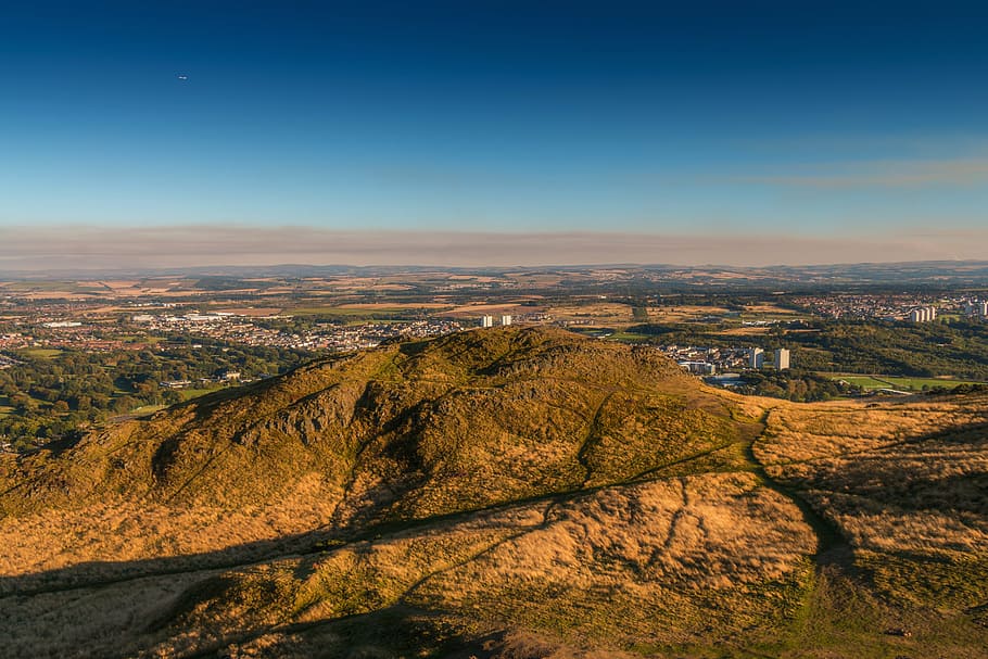 edinburgh, scotland, nature, sun, blue sky, aircraft, arthur's seat, arthur's seat in edinburgh, trekking, highlands