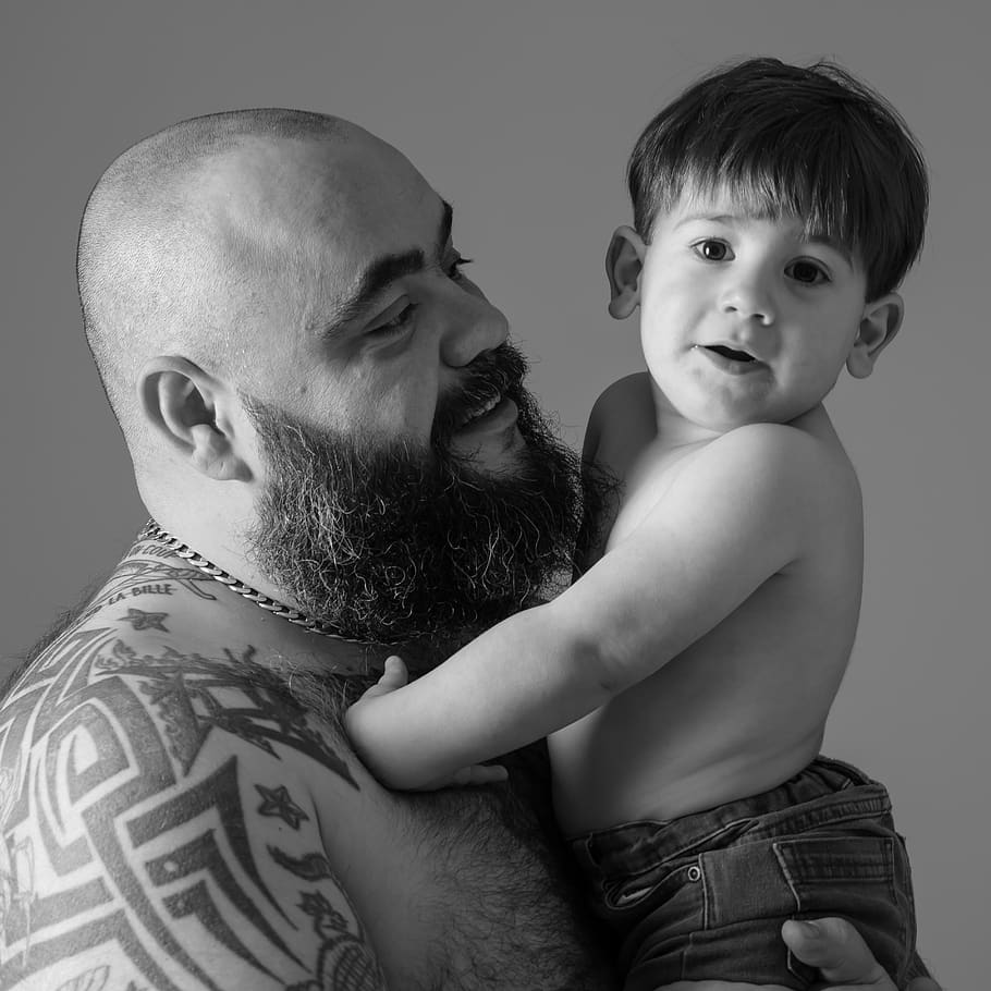 padre, hijo, torso, tatuajes, barba, dos personas, unión, hombres, infancia, niño