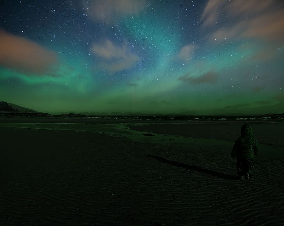 person, walking, northern, lights, Northern Lights, Aurora, Isle Of Mull, scotland, night, photoshop