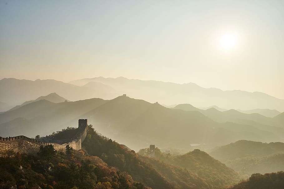 gran, pared, china, montaña, puesta del sol, paisaje, panorámica, gran muralla, frontera, otoño