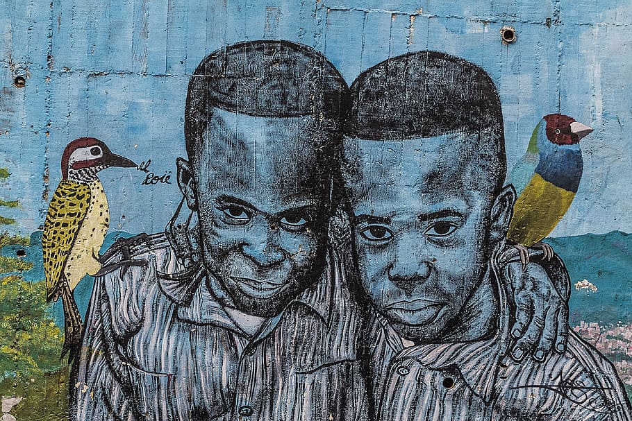sketsa, dua, pria, latar belakang, grafiti, grunge, seni jalanan, dinding grafiti, seni grafiti, artistik