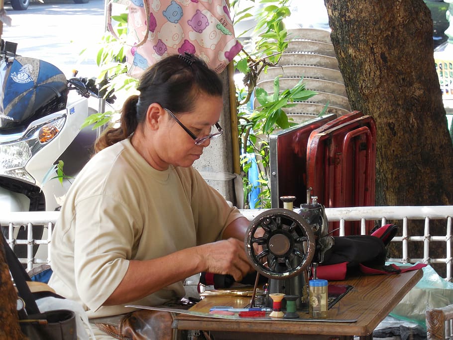 woman sewing, black, red, shirt, seamstress, sewing, antique, people, city, bangkok