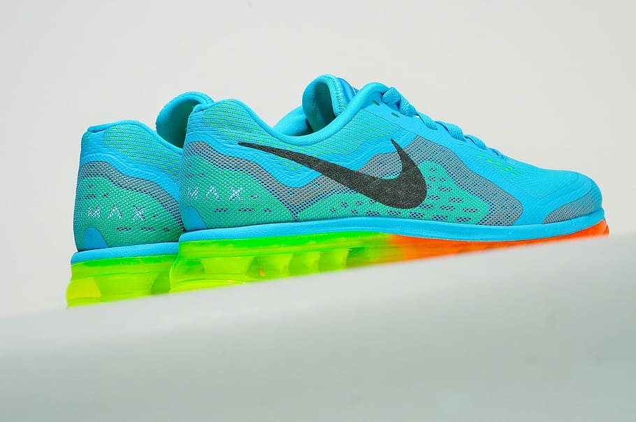 close-up photo, blue-and-green nike airmax shoes, gray, surface, Nike, Sneakers, Running, Shoes, Exercise, running, shoes