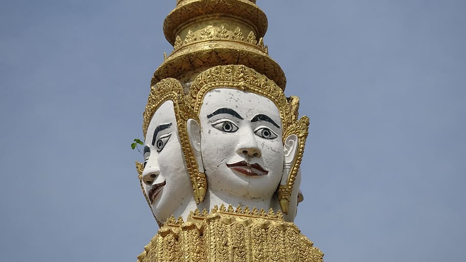 Cambodia, Phnom Penh, Royal Palace, statue, gold colored, low angle view, gold, crown, queen - royal person, human representation