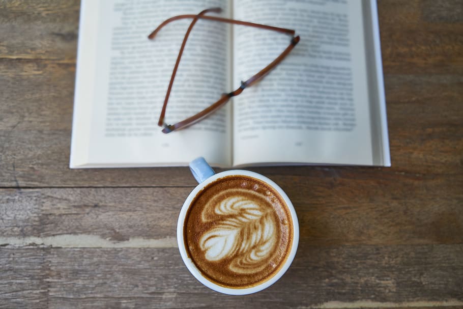 white, ceramic, mug, filled, coffee latte, brown, framed, eyeglasses, book, Coffee, Cup
