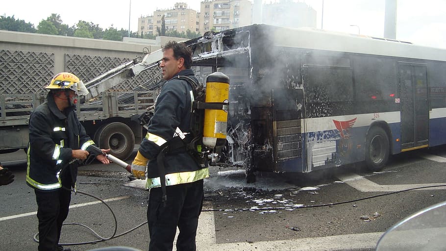 two, firemen, burning, bus, Bus, Accident, Fire, Fire, Fire Department, accident, fire, firefighters