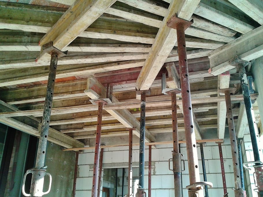 low, angle-view, metal bars, hanged, ceiling, house construction, site, shell, formwork, maurer