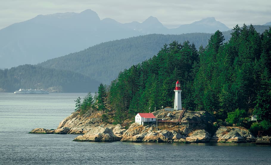 white, red, lighthouse, shore, vancouver, island, canada, beacon, coastline, point
