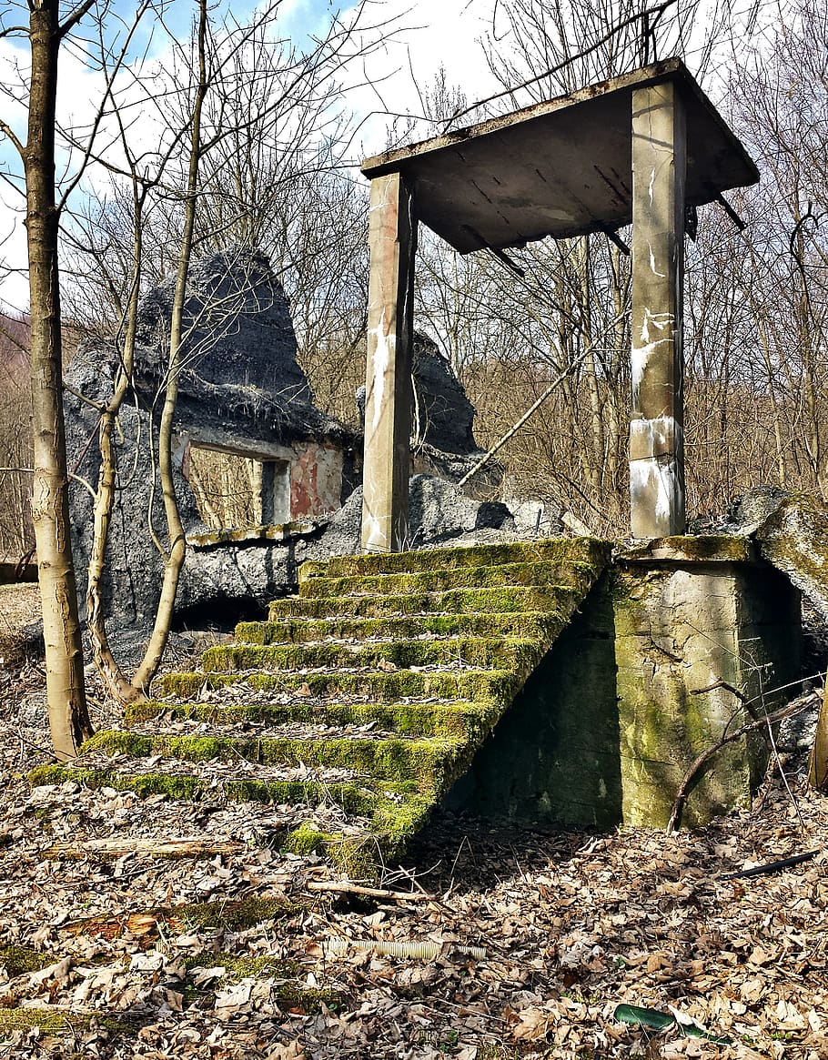 crash, ruined, house, stairs, moss, old age, vanishing, end, mood, the silence