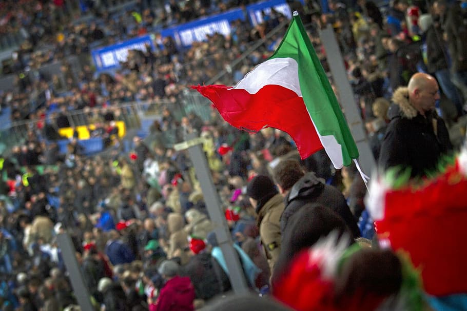 italia, aficionados, multitud, estadio, tribuna, bandera, tricolor, roma, olimpiadas, rugby