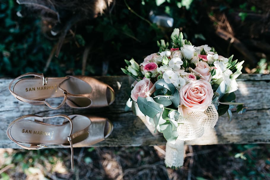 sapato, calçado, sandálias, flor, casamento, bouquet, exterior, natureza, planta, planta com flor