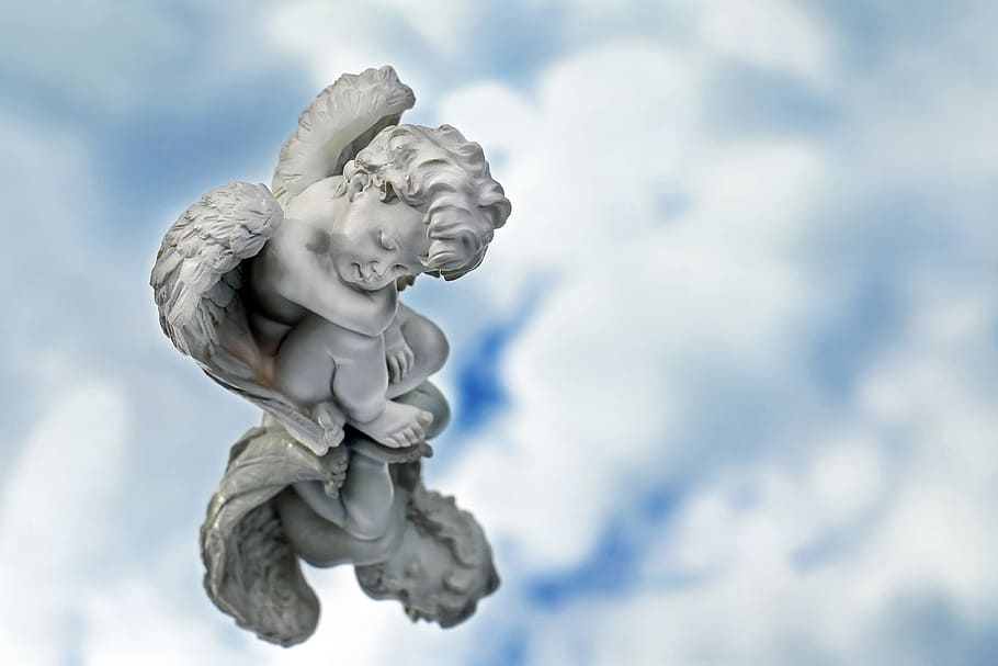 sleeping cherub statuette, angel, figure, sitting, sleeping, mirroring, sky, cloud - sky, sculpture, statue