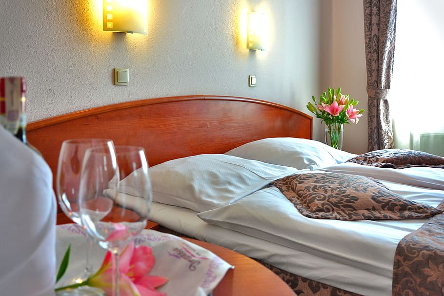 two, wine glass, brown, wooden, bedroom, set, hotel room, romantic encounter, date, love