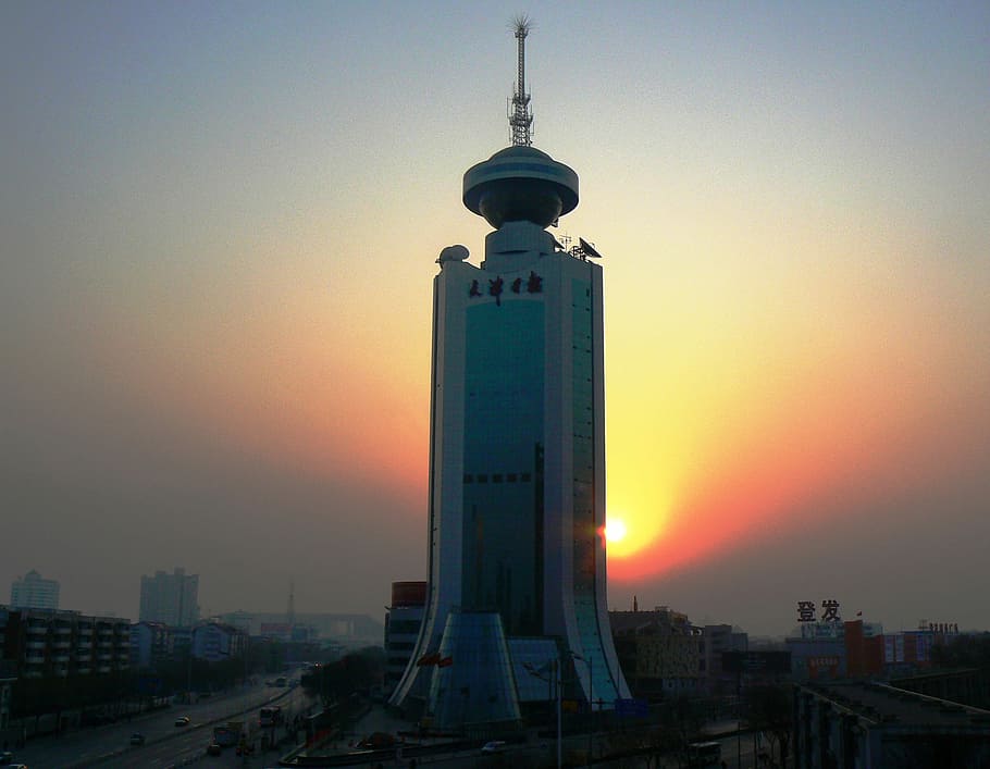 frente, configuración, sol, torre, puesta de sol, Tianjin, China, edificio, anochecer, fotos
